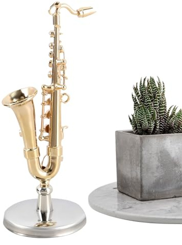 Duvcoywae Saxophon Figur,Goldfarbenes Miniatur Saxophon Deko - Kollektionsstück Mit Ständer Und Etui Für Zimmerdekor Und Puppenhaus Geschenk Für Erwachsene Kinder Geburtstag Weihnachten