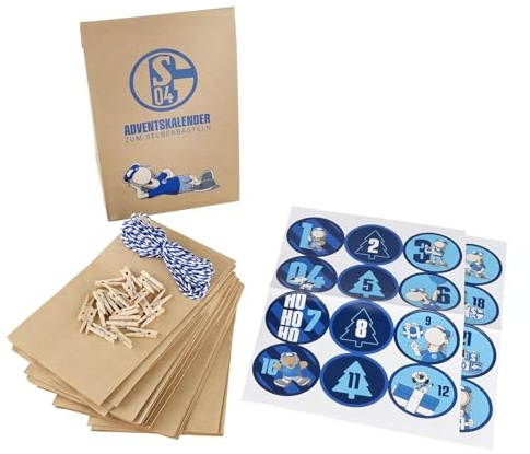 FC Schalke 04 DIY Adventskalender | zum Selberbasteln & Selbstbefüllen | 24 Kraftpapiertüten | nummerierte Sticker | blau-weiße Kordel zum Aufhängen | 24 Holzklammern | wiederverwendbar