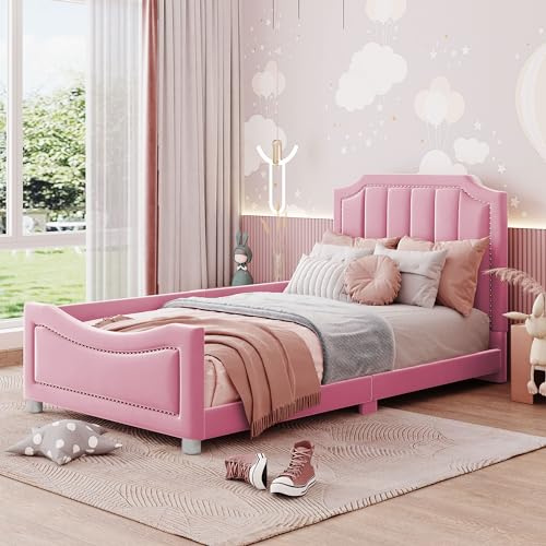 okwish Kinderbett 90x200 cm, Geeignet für Kinderzimmer und Jugendzimmer, Flanellstoff Rosa