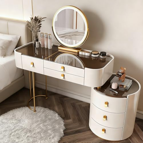 MJKCBD Schminktisch mit Spiegel, Weiß Luxus Frisiertisch mit Glasplatte, Vergoldete Griffe, 100cm Moderner Kosmetiktisch mit 6 Schubladen und Sideboard PU-Lederoberfläche für Mädchen Schlafzimmer