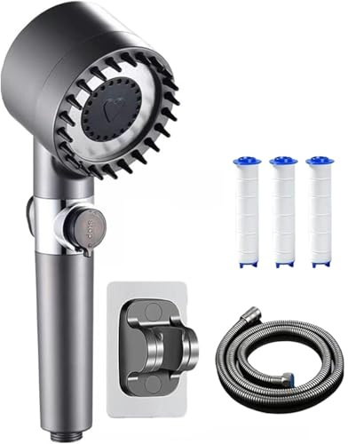 Pommeau de Duche Haute Pression,Pommeau Douche Economie Deau 4 Types de Jets Pommeau de Douche Anti Calcaire avec Tuyau Douche 1.5M et Support de Douche, avec Bouton D'arrêt D'eau,Gris
