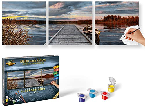 Schipper 609470754 Malen nach Zahlen, Sonnenaufgang am See - Bilder malen für Erwachsene, inklusive Pinsel und Acrylfarben, 40 x 120 cm