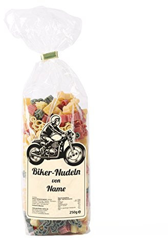 Herz & Heim® Biker-Nudeln für Motorradfahrer mit Namensaufdruck auf dem Etikett