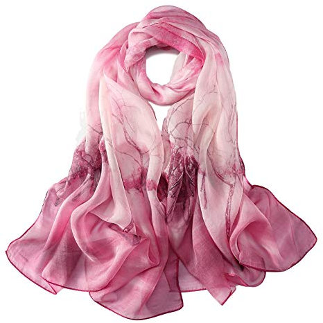 JWSilk Sciarpa lunga in chiffon di seta con stampa floreale, fucsia, 69x26