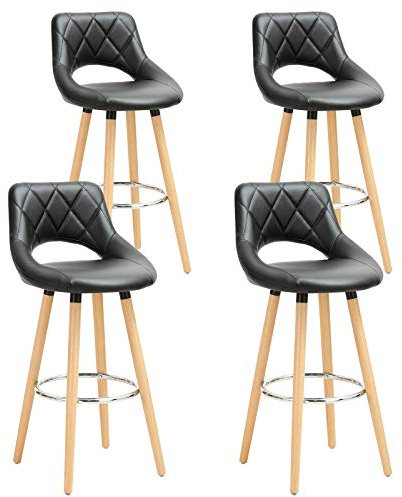 WOLTU Juego de 4 Taburetes Altos con Respaldo Ahuecado y Reposapiés, para Bistro, Cafeteria y Cocina, con Funda de Piel Sintética y Patas de Madera, Negro