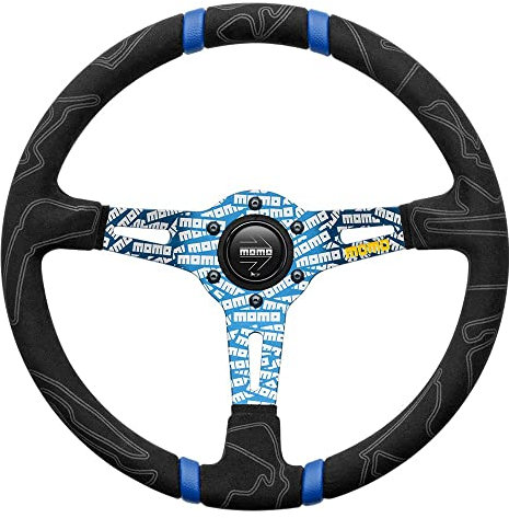 MOMO Motorsport Ultra Street Volante, Nero Premium Microfibra Grip Blu Anodizzato w/Logo, Blu Doppio Centro Stripes, 350mm