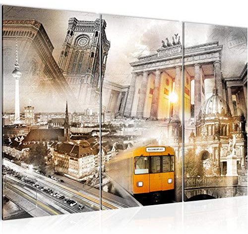 Runa Art Wandbilder Berlin Bild XXL Wohnzimmer Büro Gelb Stadt Abstrakt 120 x 80 cm 3 Teilig 024931a