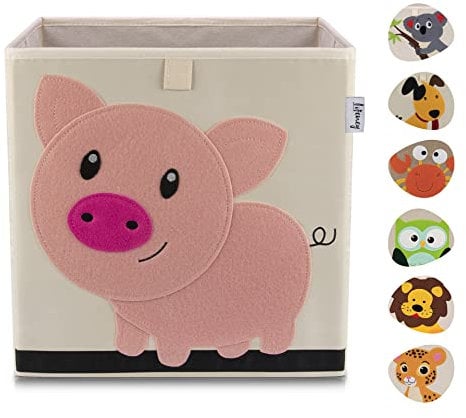 LIFENEY Aufbewahrungsbox mit Schwein Motiv I Spielzeugbox mit Tiermotiv passend für Würfelregale I Ordnungsbox für das Kinderzimmer I Aufbewahrungskorb Kinder
