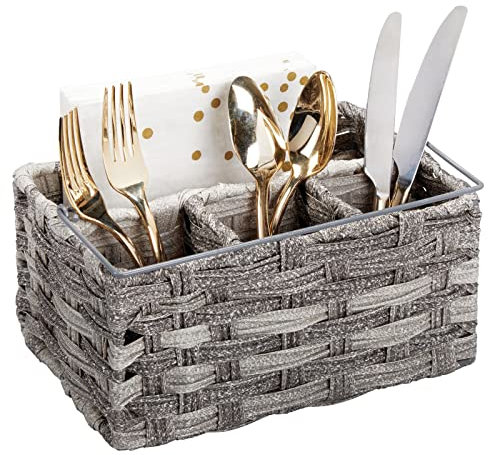 mDesign Besteckkorb mit 4 Fächern – dekorativer Besteckhalter für Küche, Garten oder Picknick – zur übersichtlichen Aufbewahrung von Besteck, Servietten und Gewürzen – grau