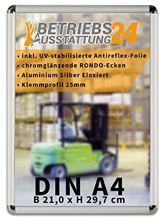 Betriebsausstattung24 Plakatrahmen mit Klemmrahmen - Alu Klapprahmen - 25mm Aluminium Profil - inkl. entspiegelter Schutzfolie (abgerundete Ecken Chromglänzend), DIN A4 HxB 29,7x21,0 cm
