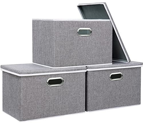 Yawinhe 3 Stück Aufbewahrungsboxen mit Deckel, Faltbare Stoffbox mit Griffen, Boxen Aufbewahrung, für Schlafzimmer, Kleideraufbewahrung, 45x30x30cm, Grau, SNK023GX-3