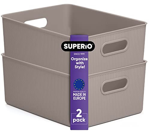 Dekorative Kunststoff-Aufbewahrungskörbe, große Taupe (2 Stück) Behälterboxen für die Organisation von Regalen, Schrank, Schreibtisch, Speisekammer, Regal, Spielzeug – geripptes Design, 15 Streu