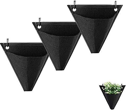 3 Stück Pflanztaschen Hängend Balkon, Pflanztasche Hängend Vertikal, Vertikaler Garten Wand, Dreieck-Design, mit Haken, für Outdoor, Indoor, Garten, Zuhause, Dekoration, Innenhof (Schwarz)