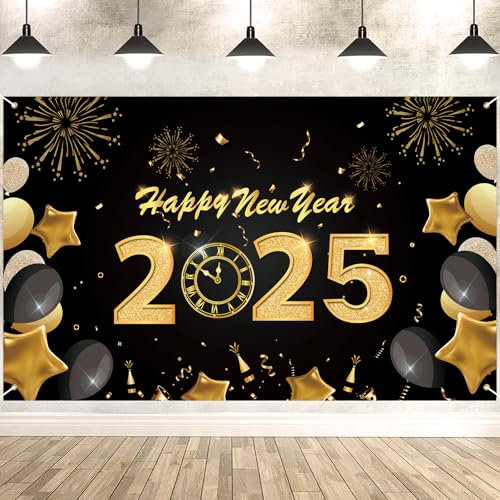 DPKOW Großes Frohes Neues Jahr Banner für 2025 Silvester Dekoration, Silvester Innen Haus Dekoration, Silvester Foto Hintergrund Dekoration, Silvester Wand Poster Dekoration, 185 * 110cm Stoff