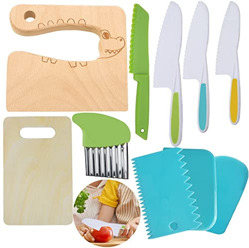 Juego de 10 cuchillos de cocina de madera para niños, incluye cuchillos de madera para niños, cortadores de patatas de plástico, cuchillos de cocina, cuchillos seguros para niños, raspador de tartas,