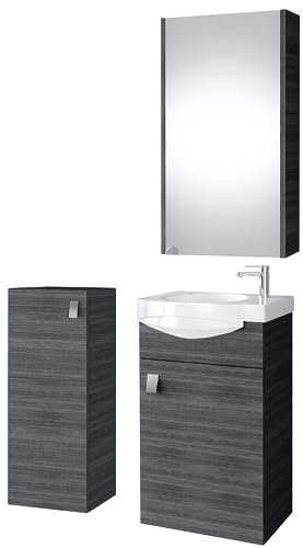 Planetmöbel Badmöbel Set Waschtisch mit Unterschrank 40 x 60 x 29 cm mit Spiegelschrank 40 cm & Midischrank für Badezimmer, Gäste WC & Bad, Anthrazit