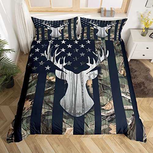 Camo Silver Stars Bettbezug 135 x 200 cm, Grauer Hirsch und Bäume, Silhouette, natürlicher Stil, Bettbezug mit 1 Kissenbezug, 2 Stück, Streifen, grün, Camouflage-Bettwäsche-Sets für Kinder und Jungen