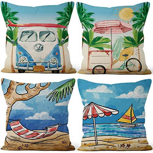 Aoihrraan 51x51cm Confezione Da 4 Copricuscini Divano Spiaggia Mare Cartone Animato Vacanza Biancheria Quadrata Federe Per Cuscini Decorare In Lino Arredo Casa Giardino Campeggio Sofà Sedia Patio