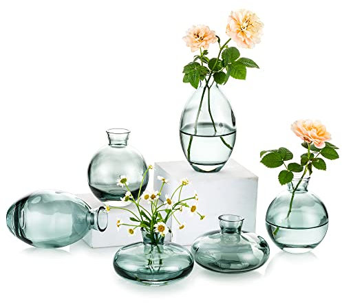 Kleine Vasen Für Tischdeko Vintage Handmade, 2 Sätze (6 Stück) Grün Mini Vase Glas Blumenvase Modern Set Verschiedene Groessen Schlanke Hydroponic Glasvase Fuer Blumen Deko Hochzeit Tisch Wohnzimmer