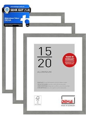 DEHA Design Bilderrahmen, 15 x 20 cm (3er Set), Aluminium, Grau matt, Fotorahmen zum Auftstellen im Hoch- & Querformat, bruchsicheres Kunstglas, Tribeca
