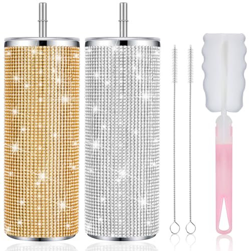 Tessco 2 Stück Bling Tumbler 590 ml Strass Tasse Weihnachten Geschenk Tasse Glitzer Diamant Flasche mit Deckel und Strohhalm Edelstahl Bling Thermo-Wasserflasche für Damen (Silber, Gold)