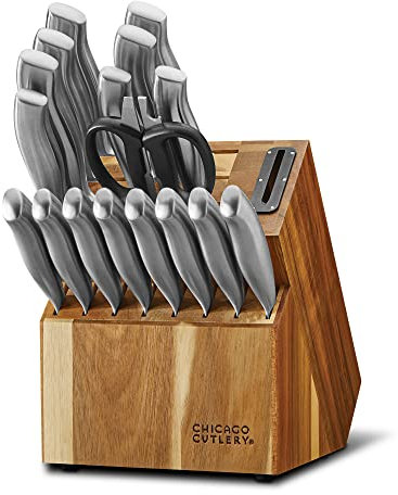 Chicago Cutlery Insignia Küchenmesserblock aus Stahl (18-teilig) & eingebauter Schärfer, konturierte ergonomische Griffe und scharfes Edelstahl-Kochmesser-Set & Schere mit Flaschenöffner
