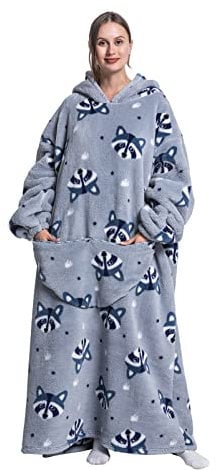 Extra Long Wearable Blanket Hoodie, Oversized Blanket Sweatshirt for Women and Men, Super Warm and Cozy Giant Hooded Blanket, Thick Flannel Blanket with Sleeves and Giant Pocket (Raccoons)