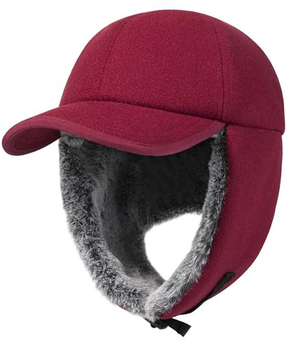 PivotWing Wintermütze Herren Winter Basecap mit Ohrenklappen Herren Damen Fellmütze Mütze mit Ohrenschutz Ohren Warme Fliegermütze Winter Baseball Cap Ushanka Russische, Burgunderrot