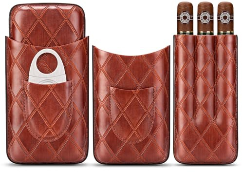 Étui à cigares en Cuir, 3 Tubes de Voyage Portable Cave avec Coupe en Acier Inoxydable(Marron Clair)