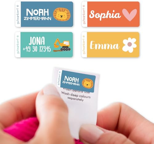 Gutmarkiert – Personalisierte Namensaufkleber für Kinder Kleidung – Langlebige Namensetiketten für Kinder – Personalisierbare Textilaufkleber – einfach anzubringen – 40 Stück 26x12mm – Colourful