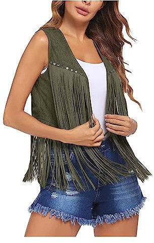 Hippie Kostüm Damen Fransenweste Fransen ärmellos Weste Hippie Kleidung Damen 60er 70er Jahre Bekleidung Damen Mädchen Disco Outfit Braun Fransenweste Damen Hippie Bolero Karneval Faschingskostüme