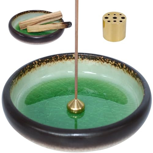 BEYLAB encens Porte Support palo Santo 3 en 1 bruleur en céramique pour Tout encens, brûleur en Baton de, Sauge bâtons Holder, diffuseur Supports Room décor, encensoir en Laiton Amovible - Vert