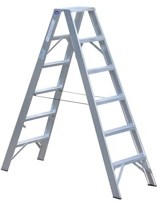 Weise Industrie Stufen-Stehleiter 1,37 m hoch, 2x5 trittsichere geriefte Stufen inkl. Deckstufe, beidseitig begehbare Industrie- & Haushaltsleiter, klappbare Trittleiter mit Gurtbändern, max. 250 kg