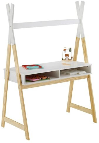 IDIMEX Kinderschreibtisch SIMI Tipiform Weiß Natur Kiefer-Massivholz - 2 offene Ablagefächer. Tipi Optik. Maltisch Basteltisch Schreibtisch für Kinder