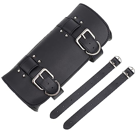 GLEAVI Motorcycle Handlebar Bag Leather Cycling Pouch Waterproof Bike Side Saddle Tool Storage for Cruiser Motorbike with Metal Buckle – Black