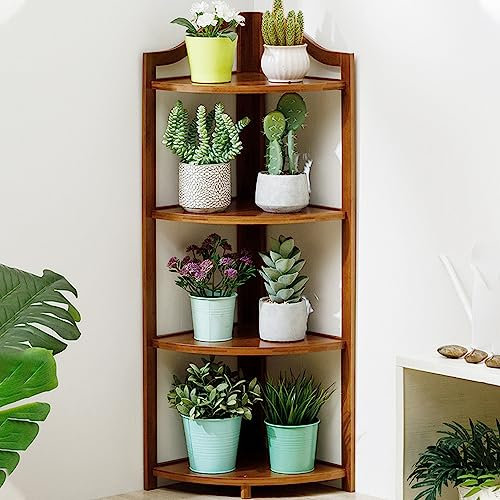 ASHILD Hoher Bambus-Pflanzenständer, 3/4-stufiges Blumen- und Pflanzenregal, Organizer-Halter, Display, eigenständiges Lagerregal, Leiter für draußen/innen, B, braun