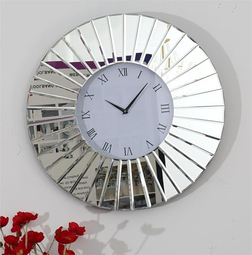 SHYFOY Große Wanduhr mit Spiegel, Silber Wanduhr Rund, Modern Glas lautlos Nicht tickend, batteriebetrieben, 60 cm Römische Ziffern, Wohnzimmer Uhr Wand, Schlafzimmer, Küchendekoration