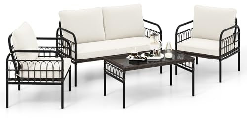 COSTWAY Ensemble de Meubles de Patio 4 Pièces en Rotin Charge 180-360KG, Salon de Jardin avec Chaises Causeuse Coussins et Table Basse en Verre Trempé pour Balcon Terrasse, Marron+Blanc