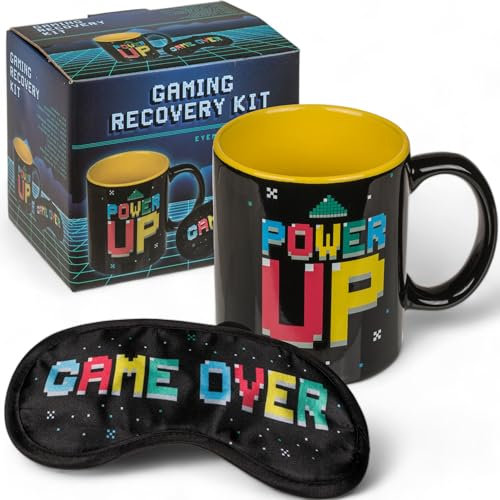 MIJOMA Power Up - Juego de taza de café y juego de recreación para videojuegos, antifaz para dormir, diseño con texto Game Over, color negro y amarillo