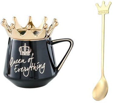 Tasse mit Krone 300ml Kaffeetasse Keramik Schöne Tassen Teetasse mit Deckel und Löffel, Ausgefallene Geschenke für Frauen, Schöne Tassen Sind Ein Tolles Geschenk (Schwarz)