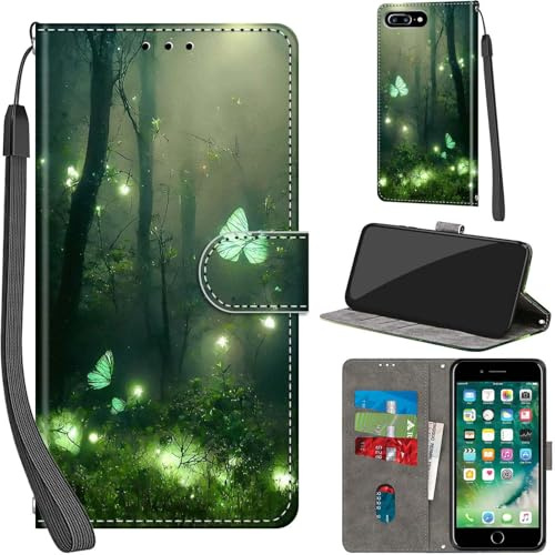 Haninsuze Case for iPhone 7 Plus / 8 Plus, Forest Butterfly | PU Leather, 3 Card Holder, Wallet Book Flip, Folio Stand View, Magnetic, Multi-Pattern Cover, Lanyard Strap