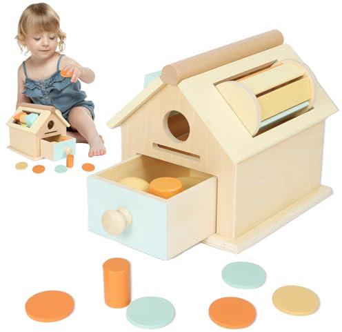 Joellfuner Montessori Spielzeug ab 1 Jahr, Münzbox Holz Montessori Spielzeug, 5-In1 Motorikspielzeug Baby, Holzspielzeug Sortierspiel für Kinder als Weihnacht Geburtztag New Jahr Geschenk(A