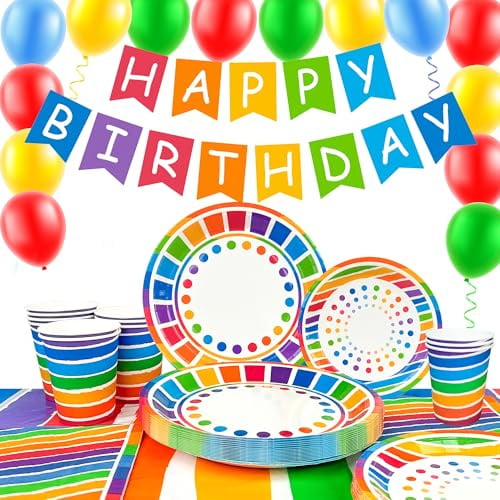 Rainbow Party Supplies, Serves 20 Rainbow Party Decorations Tableware Set - Rainbow Plates Cups and Napkins Tablecloth & Rainbow Birthday Banner Balloon etc Rainbow Decorations for Birthday Party