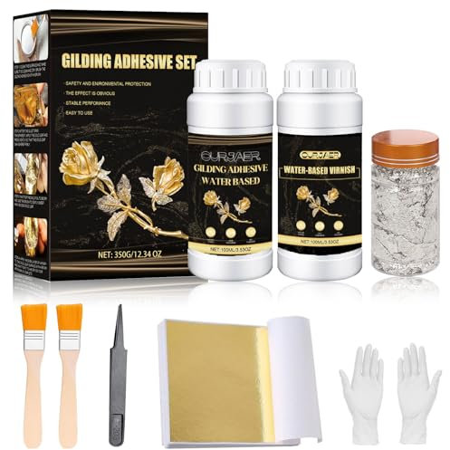 Colla per Foglia d'oro, Adesivo per Foglie d'oro, 100ml Colla a Base d'acqua Della Foglia del Metallo e 100ml Vernice, Foglie d'oro 100 Pz, 2 Pennelli per Metallo, Artigianato, Pittura e Arti