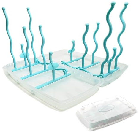 EASYLAVIE Egouttoir Biberon Bebe 12 Branchettes Pliable Boite de Rangment des Egouttoir Biberon Voyage Portable Séchage de Biberon Supports de Séchage de Bouteilles,Tetine,Gobelets (Bleu Clair)