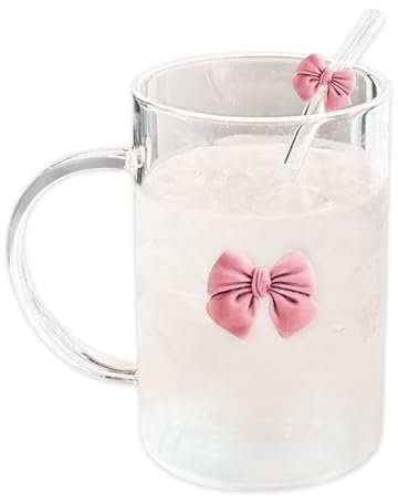 Leseogye Pink Bow Glass Coffee Mug with Glass Straw, Cute Clear Drinking Mug 15 oz Capacity