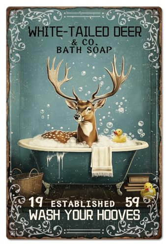 GLOBLELAND Placa de metal con texto Whitetailed Deer & Bath Soap de 30,5 x 20,3 cm (12 x 8 pulgadas), estilo vintage, para cuarto de baño, cabina, sala de estar, lodge y habitación de invitados