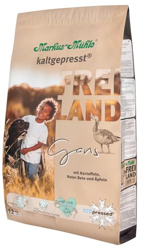 Markus-Mühle Freiland - FREILANDzutaten - Für empfindliche Hunde - 100% kaltgepresst - Premium Hundetrockenfutter (12kg, Gans)