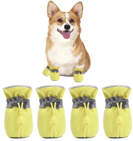 COYUN 4 Stück Hundeschuhe, Hundestiefel Pfotenschutz, Anti-Rutsch Hundestiefel, Hundeschuhe mit Reflektierenden Riemen, Hundeschuhe Pfotenschutz, Verstellbare, Pfotenschützer für Kleine Hundee, Gelb