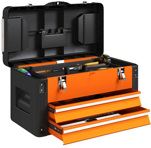 HOMCOM Werkzeugkoffer leer, robust Werkzeugkasten mit 2 Schublade Fächer Tragegriff, Werkzeugkiste Werkzeugbox für Werkzeuge Haushalt Werkstatt Orange